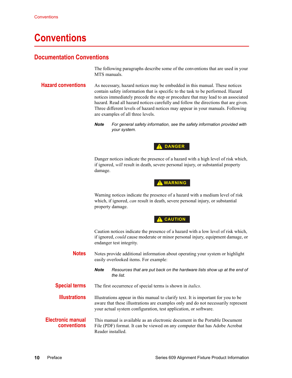 Documentation conventions, Conventions 10, Documentation conventions 10 | Conventions | MTS Series 609 Alignment Fixture User Manual | Page 10 / 70