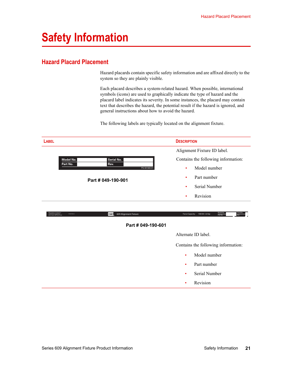 Safety information, Hazard placard placement, Safety information 21 | Hazard placard placement 21 | MTS Series 609 Alignment Fixture User Manual | Page 21 / 70