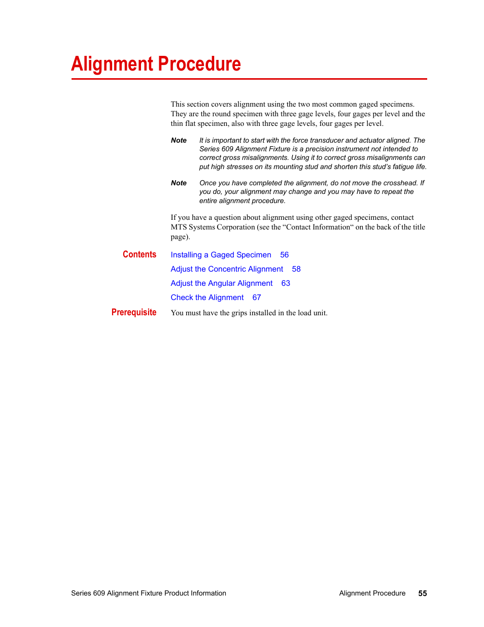 Alignment procedure, Alignment procedure 55 | MTS Series 609 Alignment Fixture User Manual | Page 55 / 70
