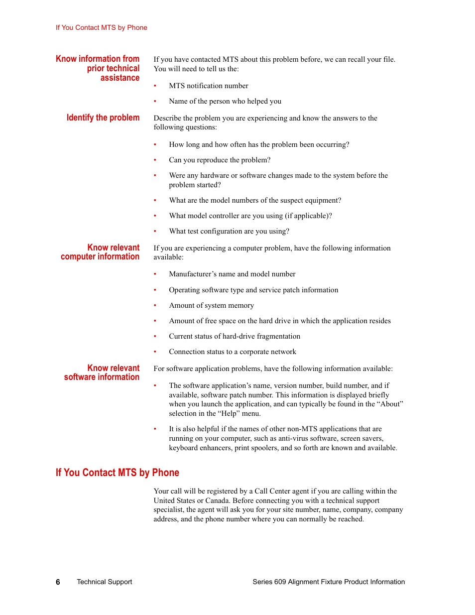 If you contact mts by phone, If you contact mts by phone 6 | MTS Series 609 Alignment Fixture User Manual | Page 6 / 70
