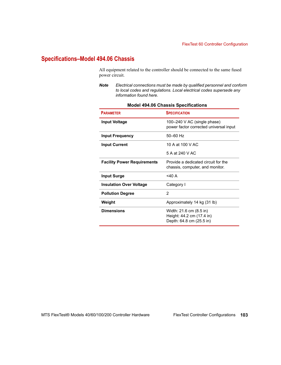 Specifications–model 494.06 chassis | MTS FlexTest Models 200 User Manual | Page 103 / 344