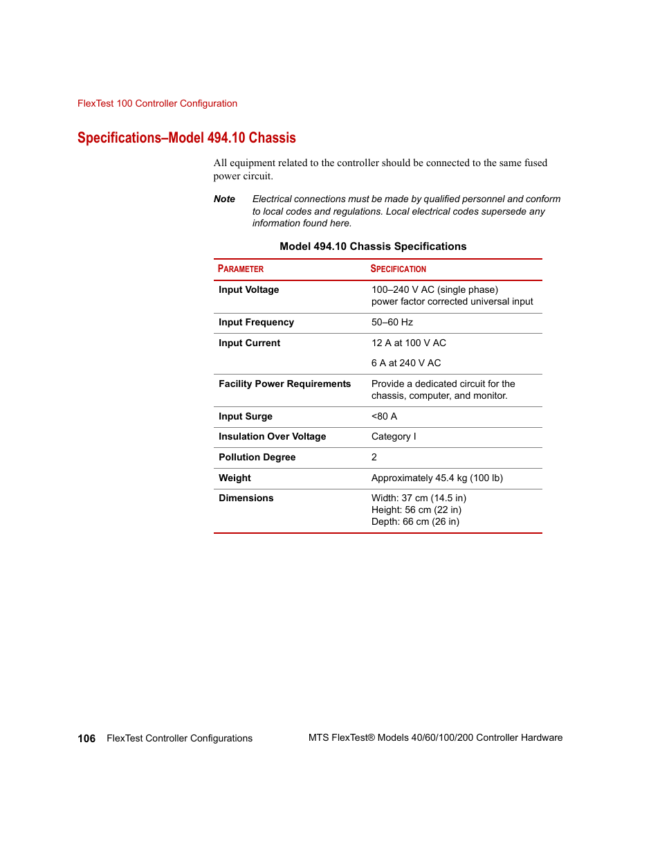 Specifications–model 494.10 chassis | MTS FlexTest Models 200 User Manual | Page 106 / 344