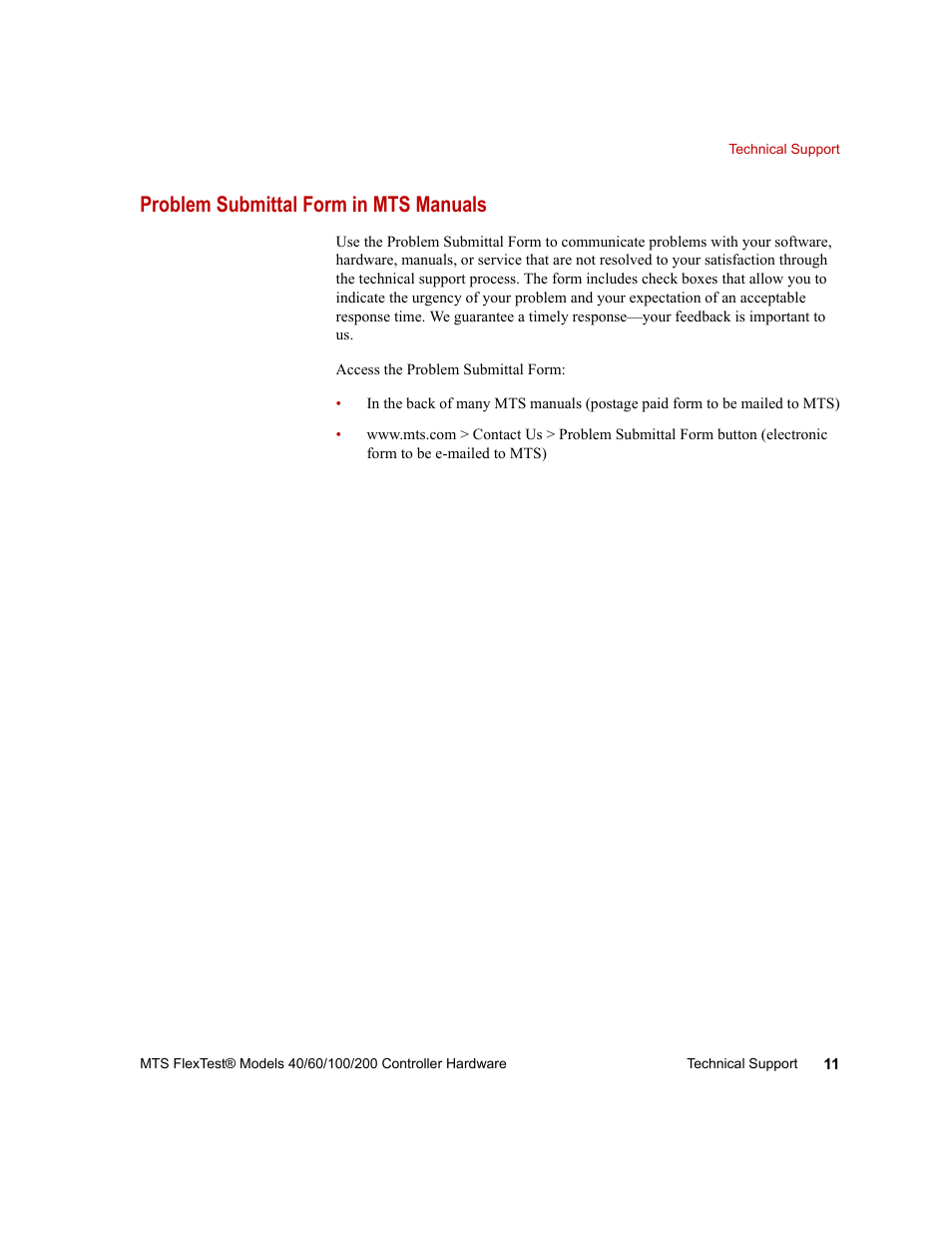 Problem submittal form in mts manuals | MTS FlexTest Models 200 User Manual | Page 11 / 344