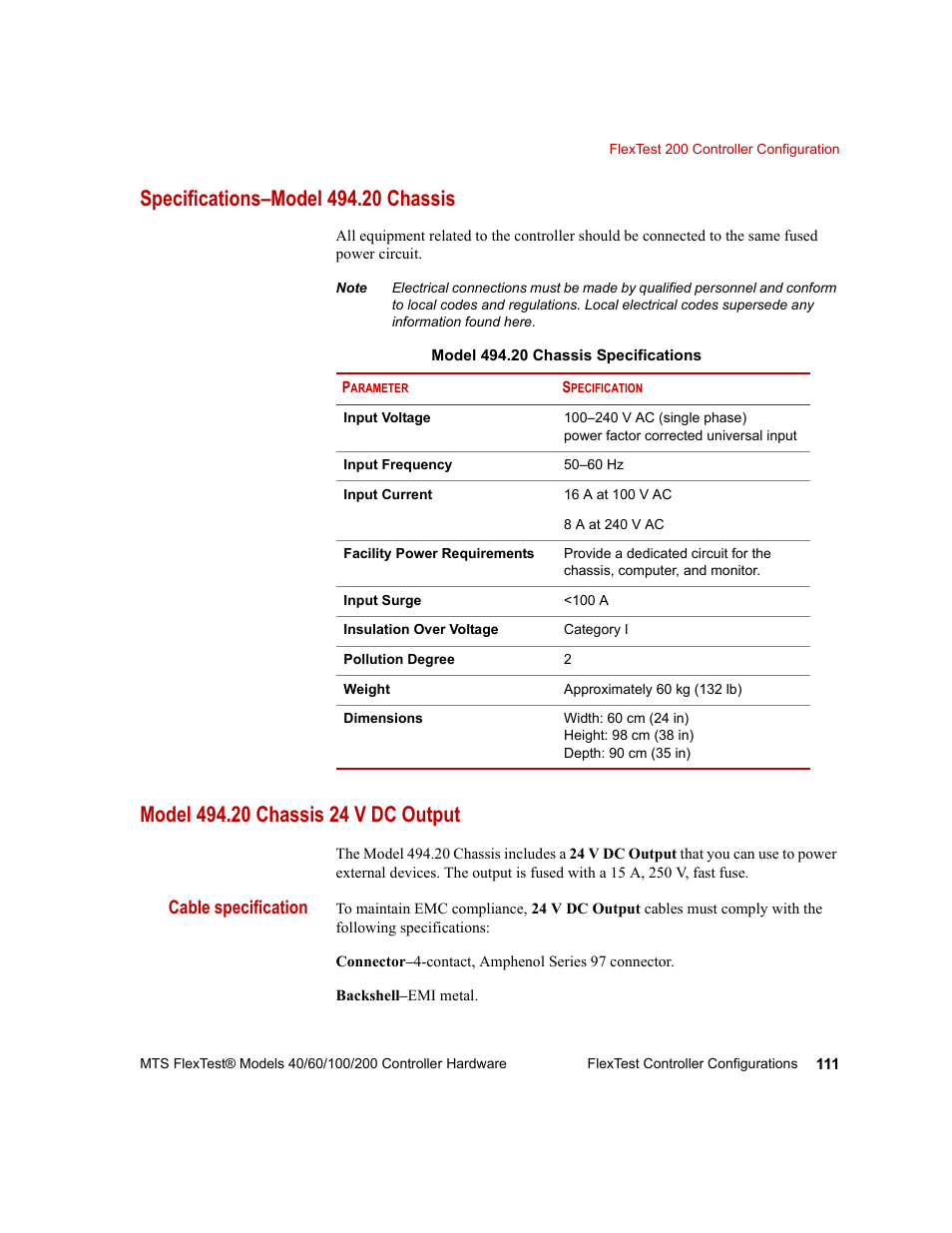 Specifications–model 494.20 chassis, Model 494.20 chassis 24 v dc output | MTS FlexTest Models 200 User Manual | Page 111 / 344