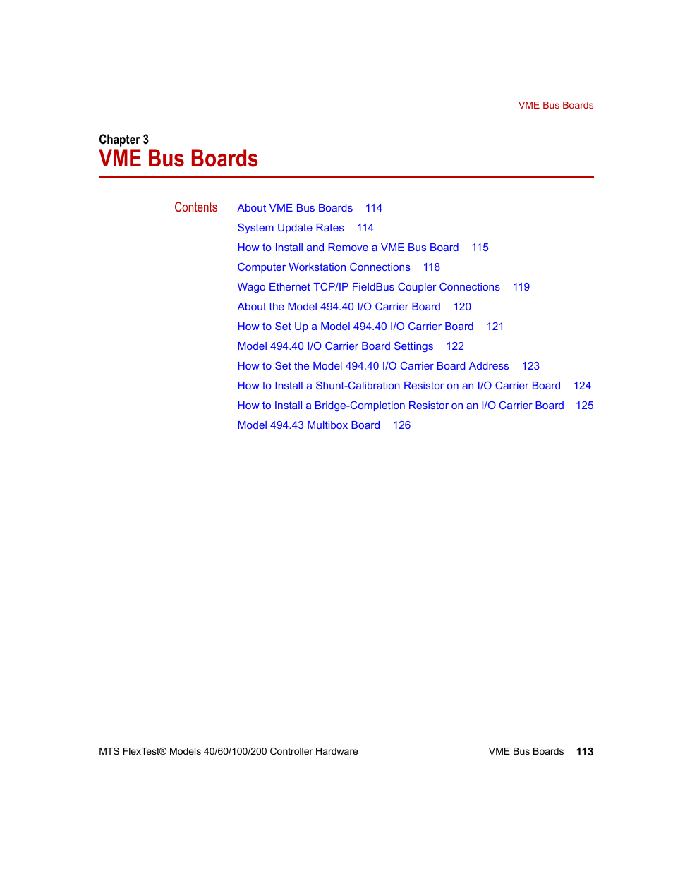 Vme bus boards, Chapter 3, Vme bus boards 113 | MTS FlexTest Models 200 User Manual | Page 113 / 344