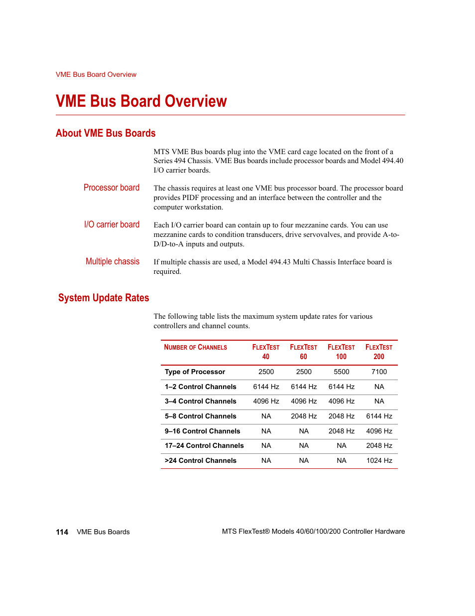 Vme bus board overview, About vme bus boards, System update rates | Vme bus board overview 114, About vme bus boards 114, System update rates 114 | MTS FlexTest Models 200 User Manual | Page 114 / 344