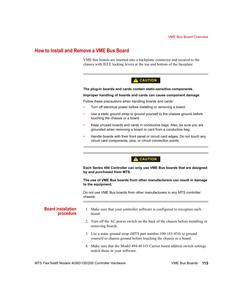 How to install and remove a vme bus board, How to install and remove a vme bus board 115 | MTS FlexTest Models 200 User Manual | Page 115 / 344