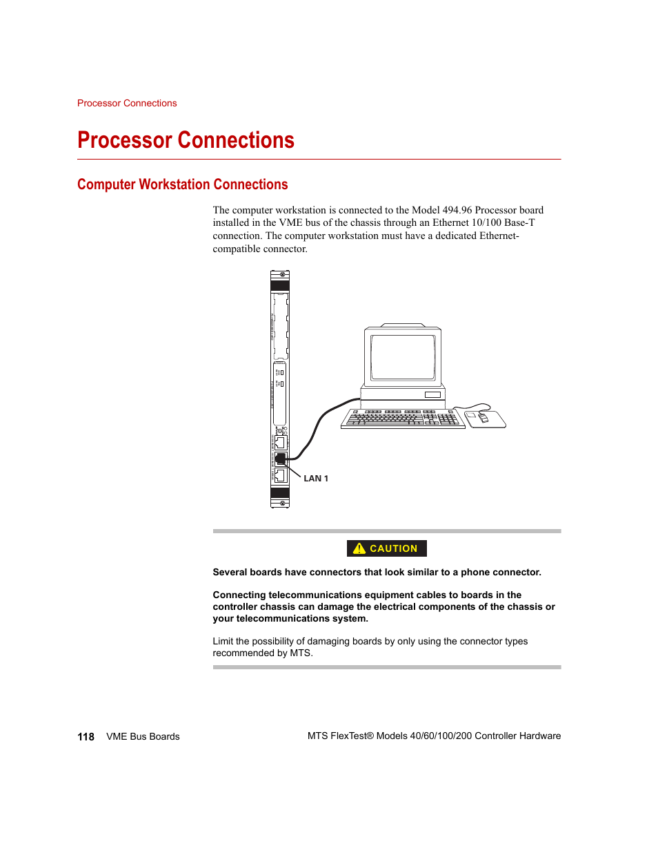 Processor connections, Computer workstation connections, Processor connections 118 | Computer workstation connections 118, Caution | MTS FlexTest Models 200 User Manual | Page 118 / 344