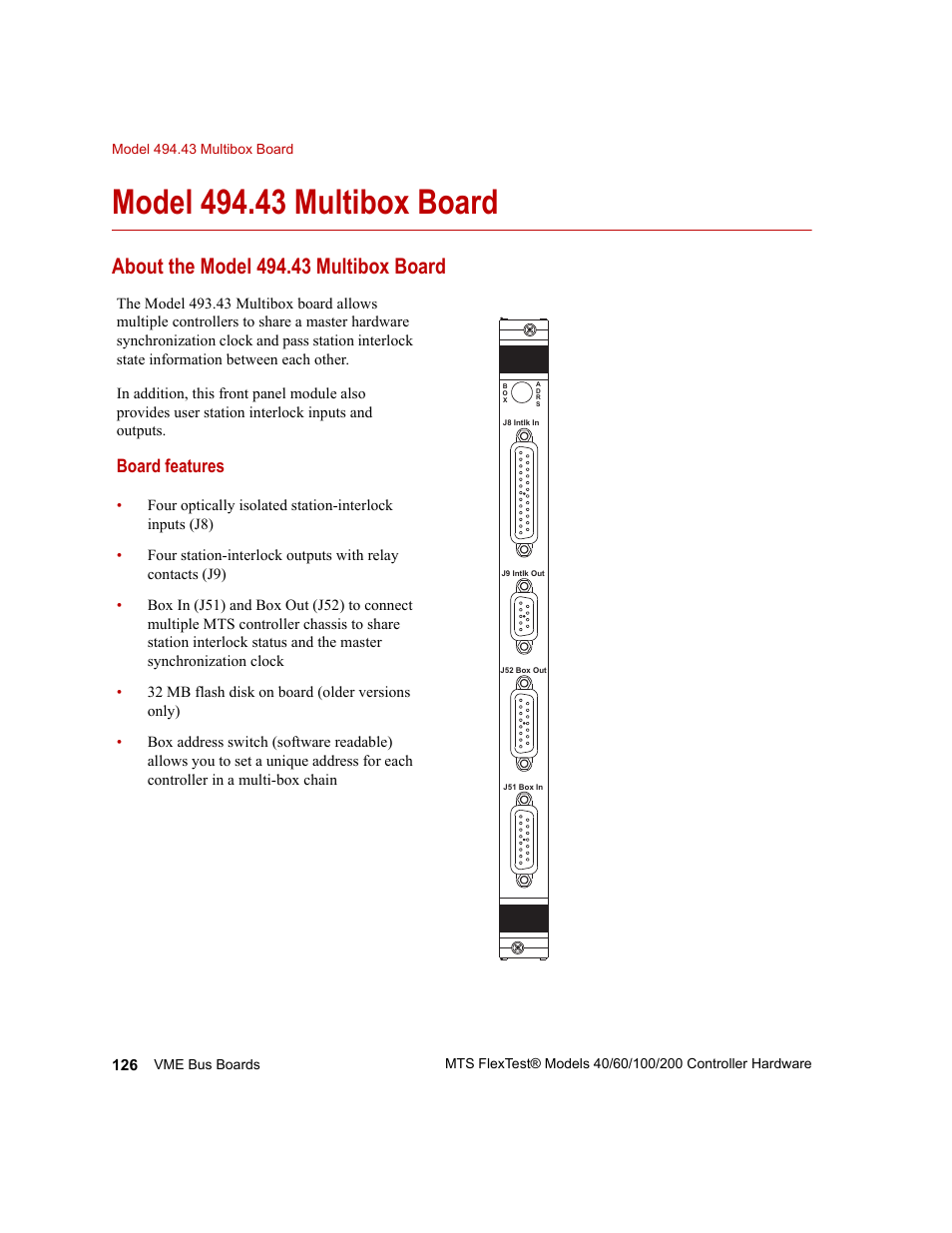 Model 494.43 multibox board, About the model 494.43 multibox board, Model 494.43 multibox board 126 | Board features | MTS FlexTest Models 200 User Manual | Page 126 / 344