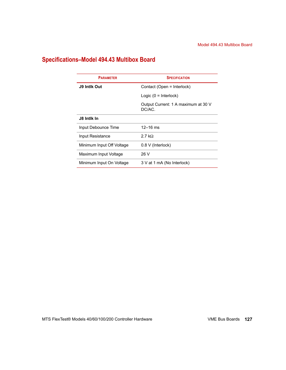 Specifications–model 494.43 multibox board | MTS FlexTest Models 200 User Manual | Page 127 / 344