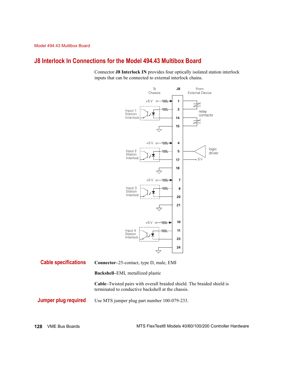 Cable specifications, Jumper plug required | MTS FlexTest Models 200 User Manual | Page 128 / 344