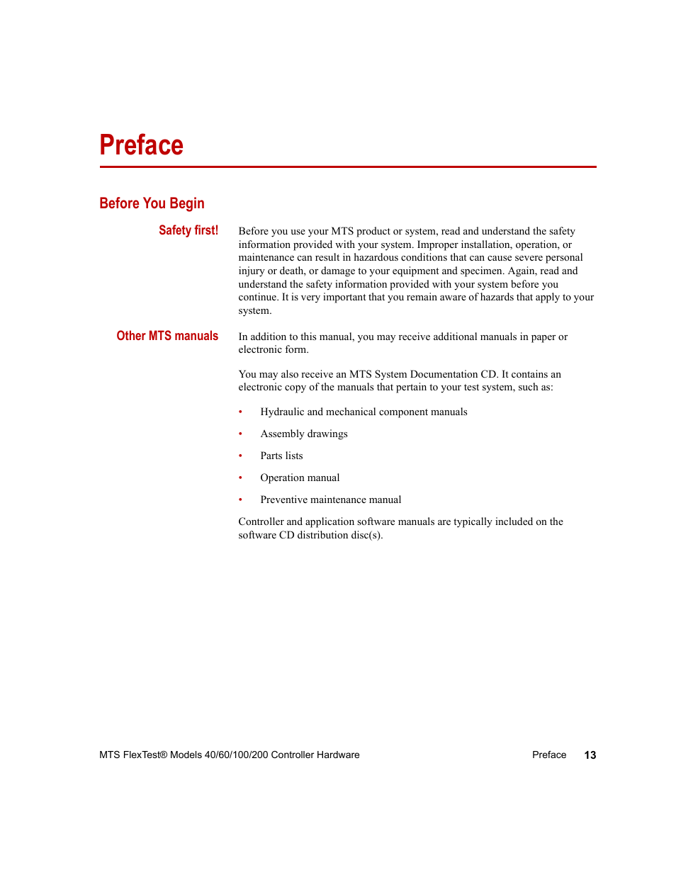 Preface, Before you begin, Preface 13 | MTS FlexTest Models 200 User Manual | Page 13 / 344