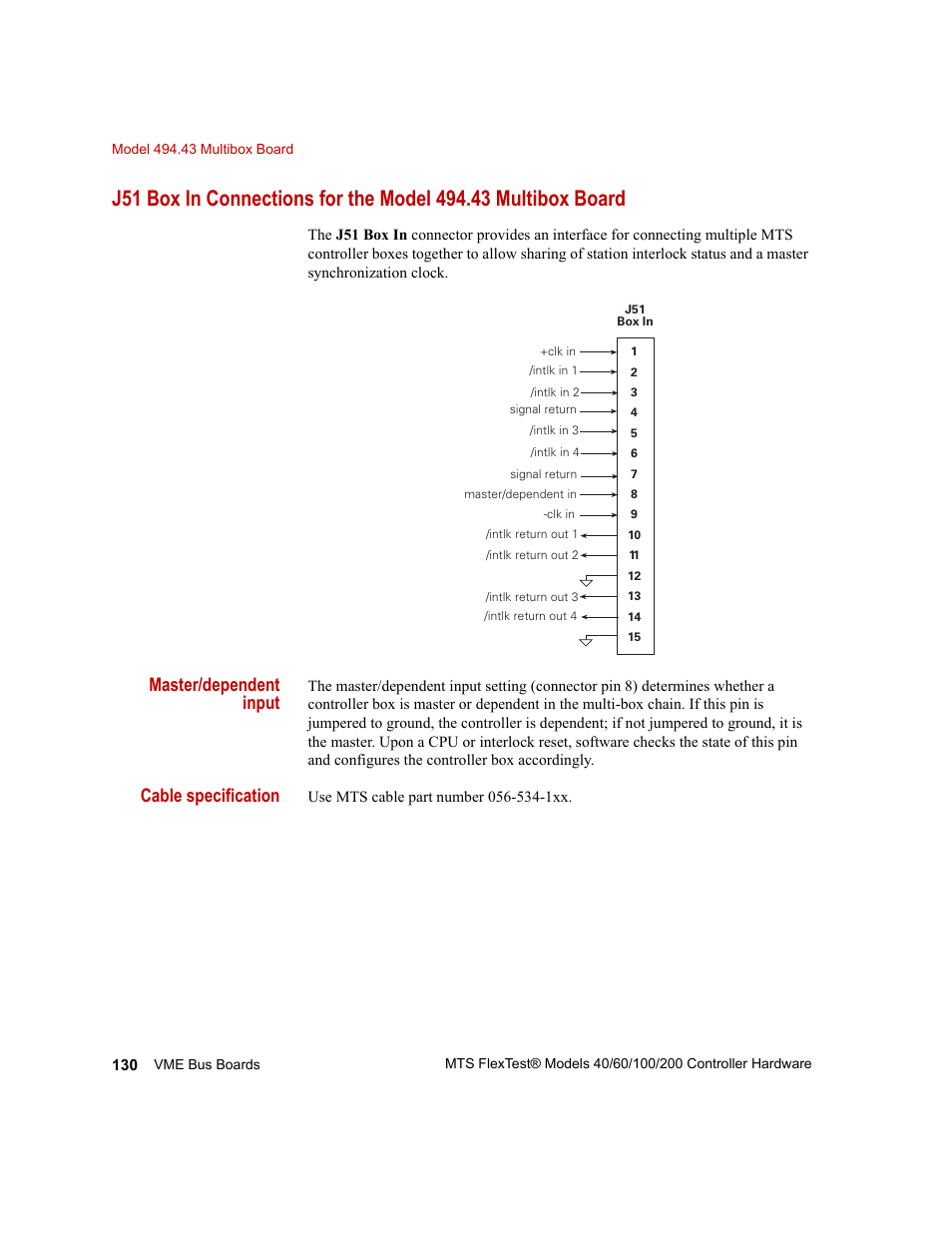 Master/dependent input, Cable specification | MTS FlexTest Models 200 User Manual | Page 130 / 344