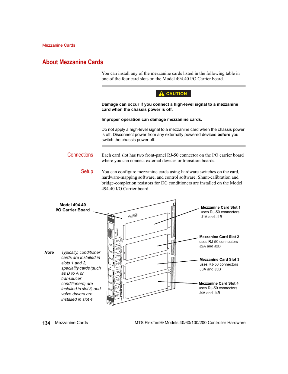 About mezzanine cards, About mezzanine cards 134, Connections | Setup | MTS FlexTest Models 200 User Manual | Page 134 / 344