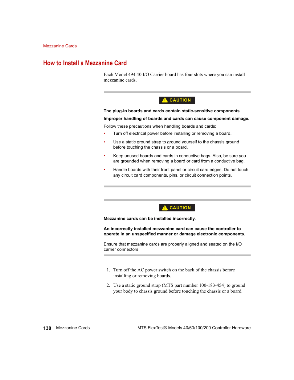 How to install a mezzanine card, How to install a mezzanine card 138 | MTS FlexTest Models 200 User Manual | Page 138 / 344