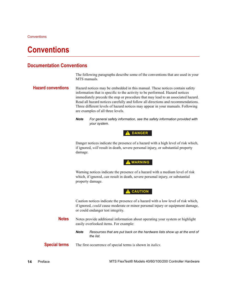 Conventions, Documentation conventions, Conventions 14 | MTS FlexTest Models 200 User Manual | Page 14 / 344