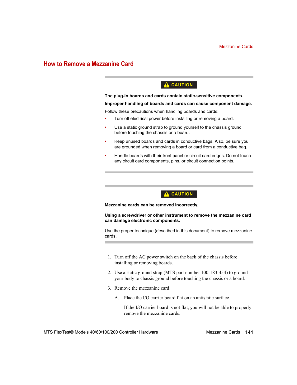 How to remove a mezzanine card, How to remove a mezzanine card 141 | MTS FlexTest Models 200 User Manual | Page 141 / 344