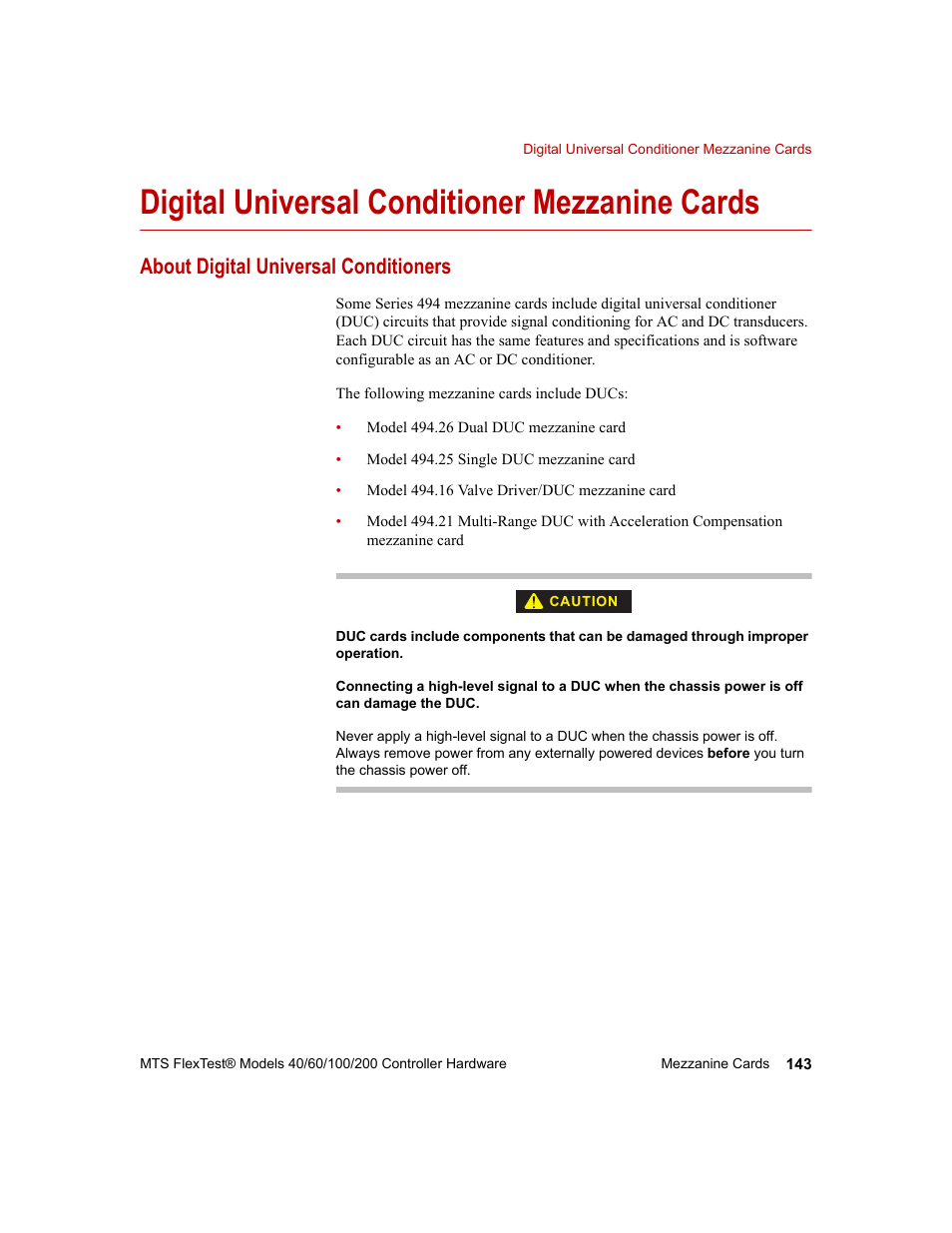 Digital universal conditioner mezzanine cards, About digital universal conditioners, Digital universal conditioner mezzanine cards 143 | About digital universal conditioners 143 | MTS FlexTest Models 200 User Manual | Page 143 / 344