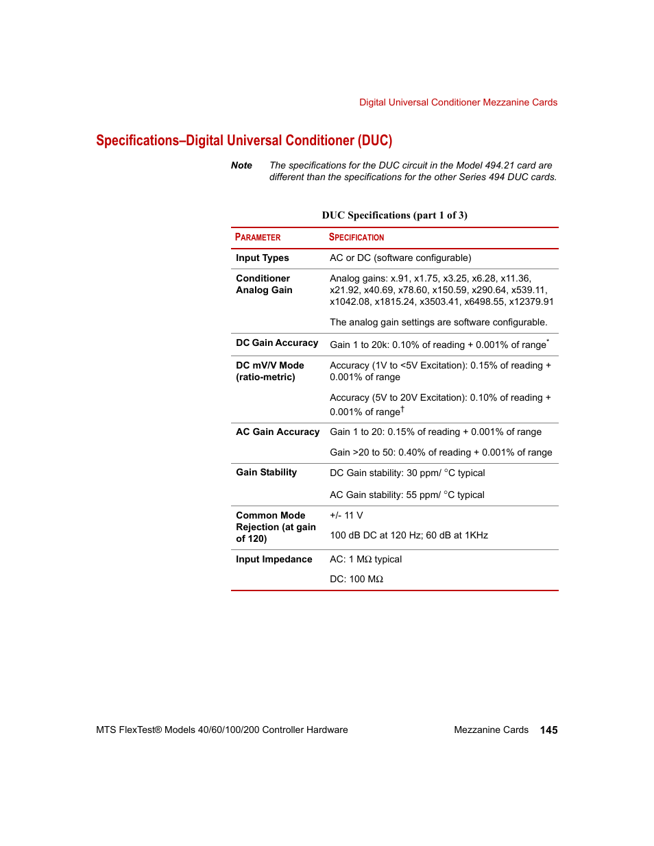 Specifications–digital universal conditioner (duc) | MTS FlexTest Models 200 User Manual | Page 145 / 344