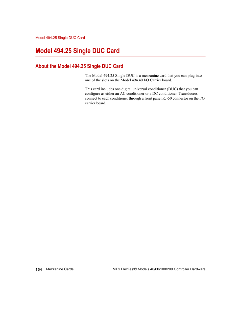 Model 494.25 single duc card, About the model 494.25 single duc card, Model 494.25 single duc card 154 | About the model 494.25 single duc card 154 | MTS FlexTest Models 200 User Manual | Page 154 / 344