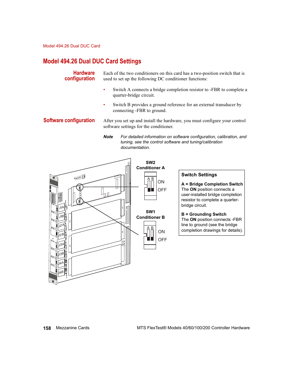 Model 494.26 dual duc card settings, Hardware configuration, Software configuration | MTS FlexTest Models 200 User Manual | Page 158 / 344