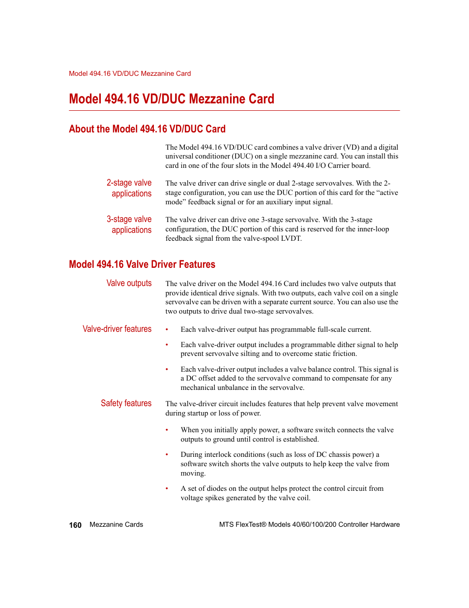 Model 494.16 vd/duc mezzanine card, About the model 494.16 vd/duc card, Model 494.16 valve driver features | Model 494.16 vd/duc mezzanine card 160 | MTS FlexTest Models 200 User Manual | Page 160 / 344