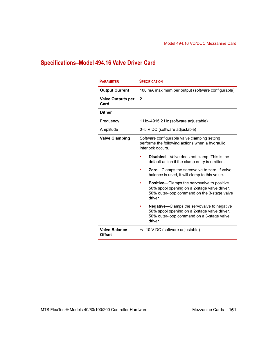 Specifications–model 494.16 valve driver card | MTS FlexTest Models 200 User Manual | Page 161 / 344