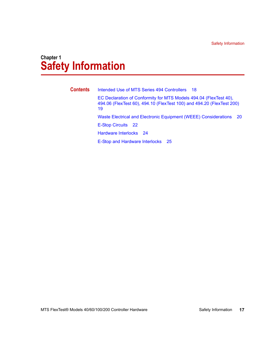 Safety information, Chapter 1, Safety information 17 | MTS FlexTest Models 200 User Manual | Page 17 / 344