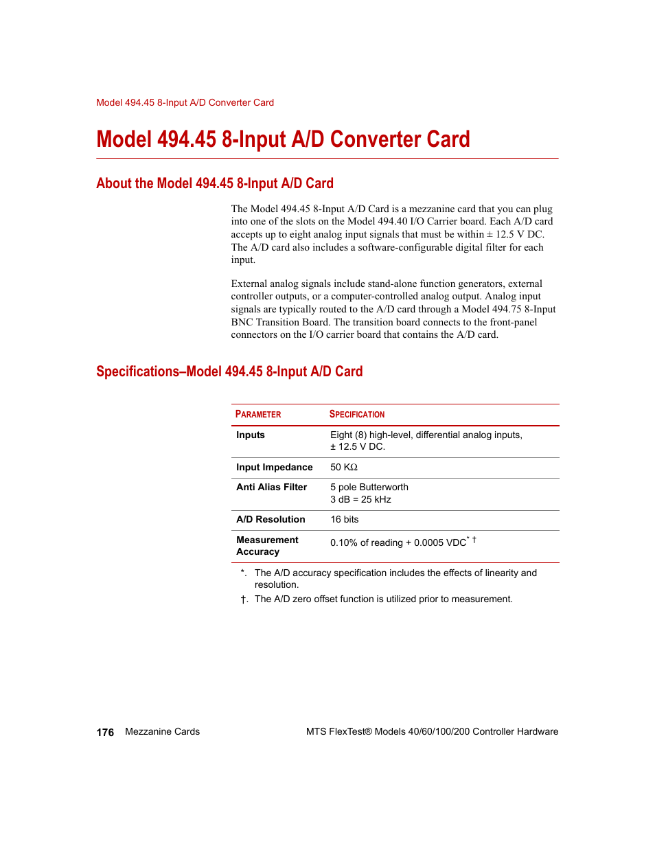 Model 494.45 8-input a/d converter card, About the model 494.45 8-input a/d card, Specifications–model 494.45 8-input a/d card | Model 494.45 8-input a/d converter card 176 | MTS FlexTest Models 200 User Manual | Page 176 / 344