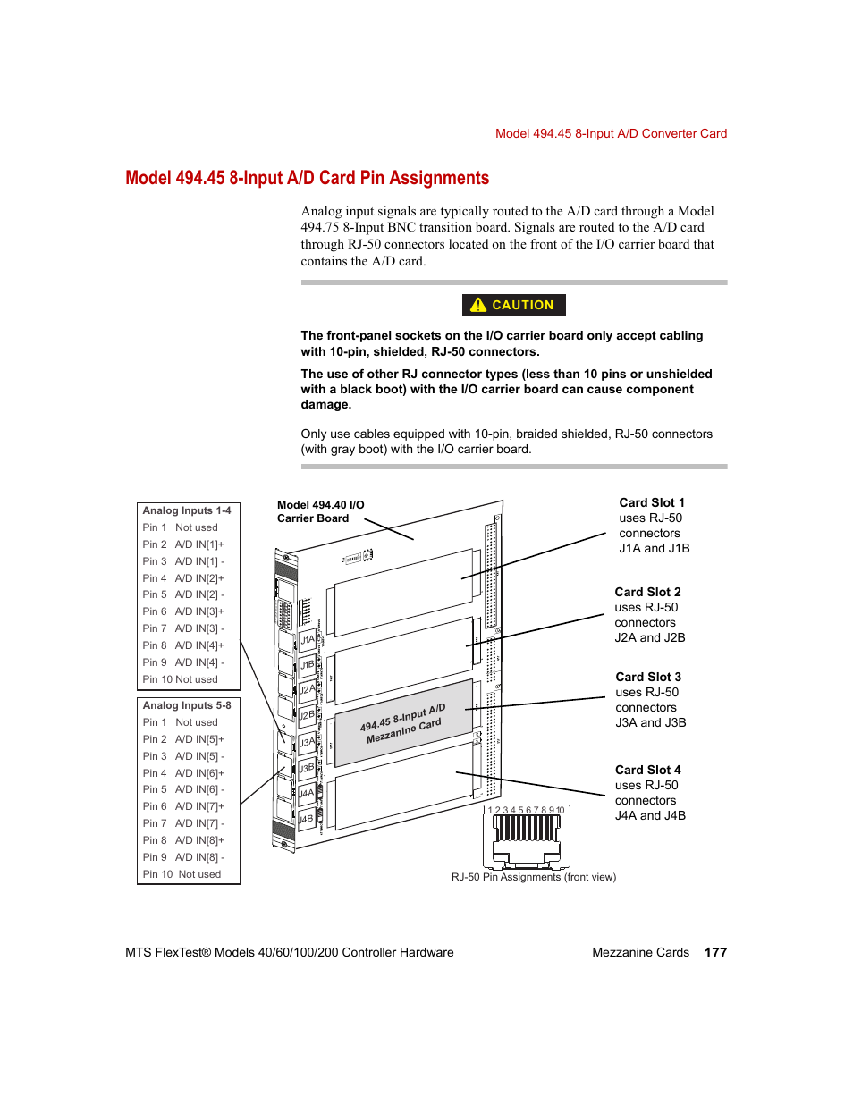 Model 494.45 8-input a/d card pin assignments | MTS FlexTest Models 200 User Manual | Page 177 / 344