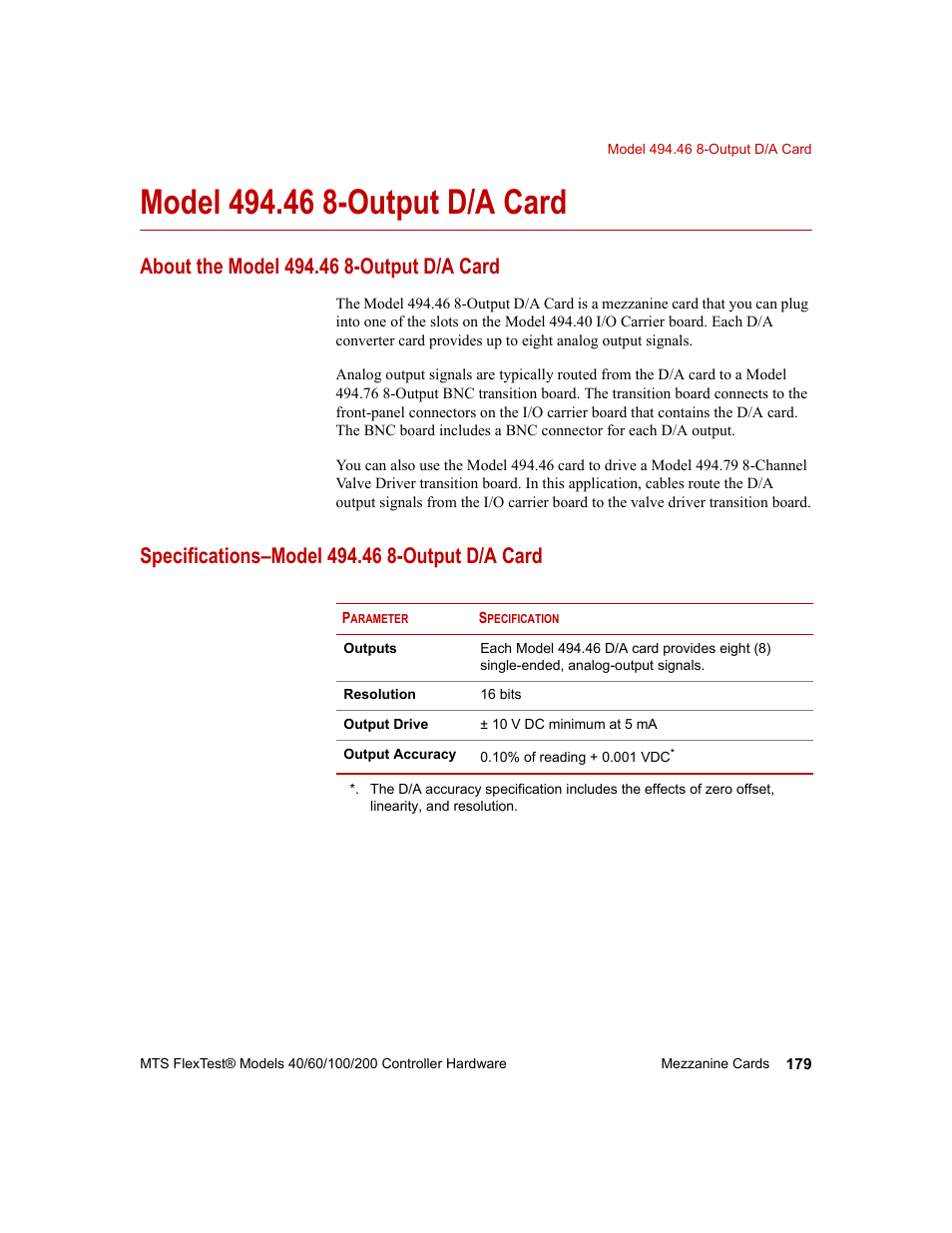 Model 494.46 8-output d/a card, About the model 494.46 8-output d/a card, Specifications–model 494.46 8-output d/a card | Model 494.46 8-output d/a card 179 | MTS FlexTest Models 200 User Manual | Page 179 / 344