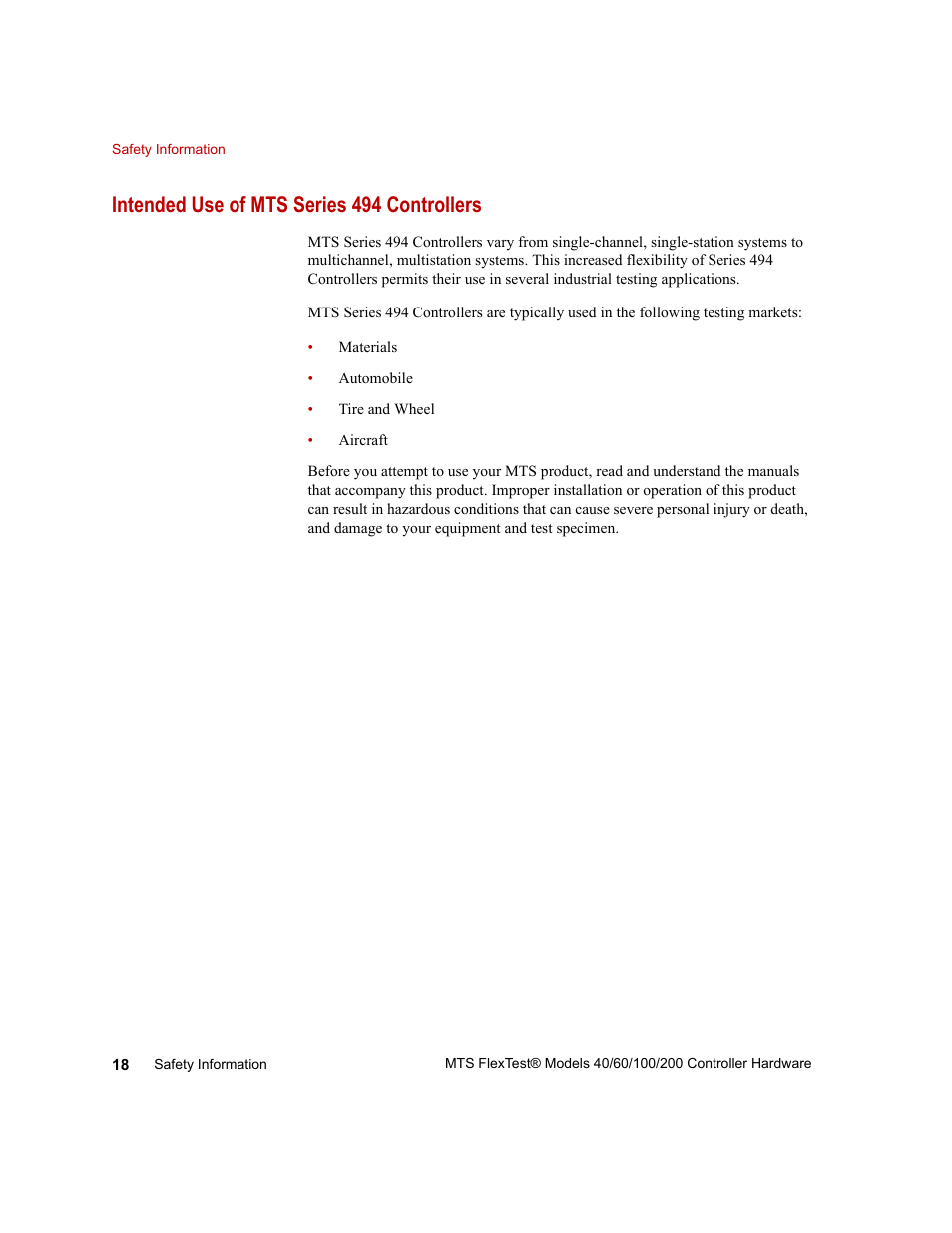 Intended use of mts series 494 controllers, Intended use of mts series 494 controllers 18 | MTS FlexTest Models 200 User Manual | Page 18 / 344