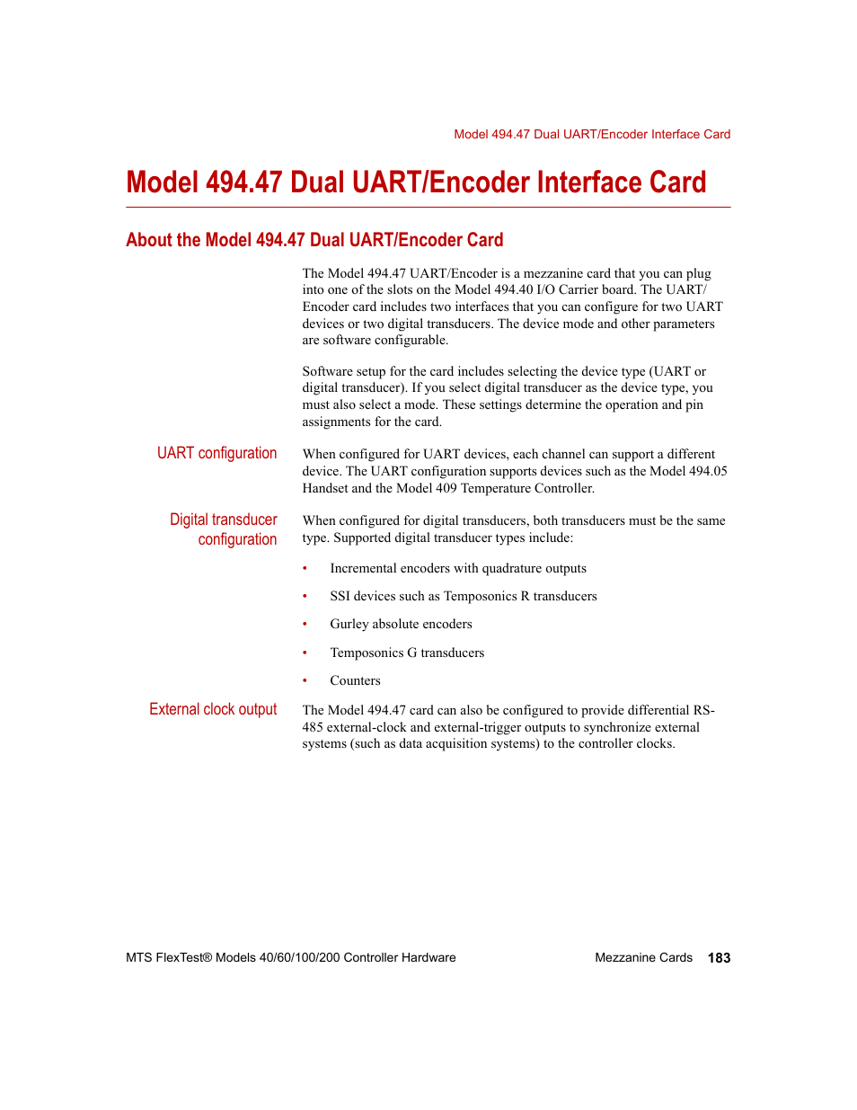 Model 494.47 dual uart/encoder interface card, About the model 494.47 dual uart/encoder card, Model 494.47 dual uart/encoder interface card 183 | MTS FlexTest Models 200 User Manual | Page 183 / 344