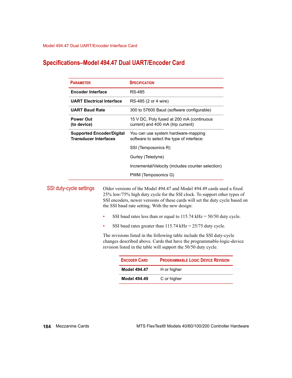 Specifications–model 494.47 dual uart/encoder card, Ssi duty-cycle settings | MTS FlexTest Models 200 User Manual | Page 184 / 344