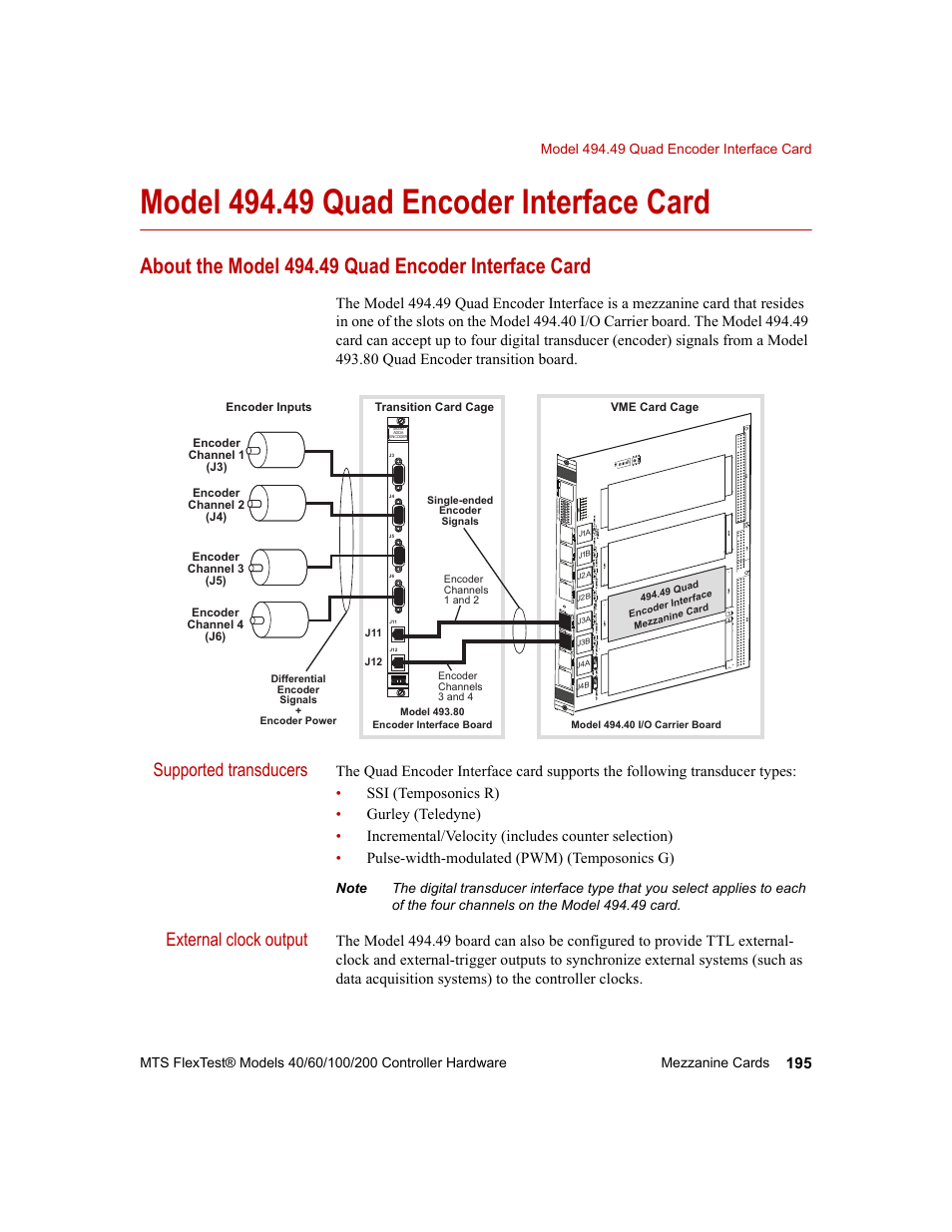 Model 494.49 quad encoder interface card, About the model 494.49 quad encoder interface card, Model 494.49 quad encoder interface card 195 | Supported transducers, External clock output | MTS FlexTest Models 200 User Manual | Page 195 / 344