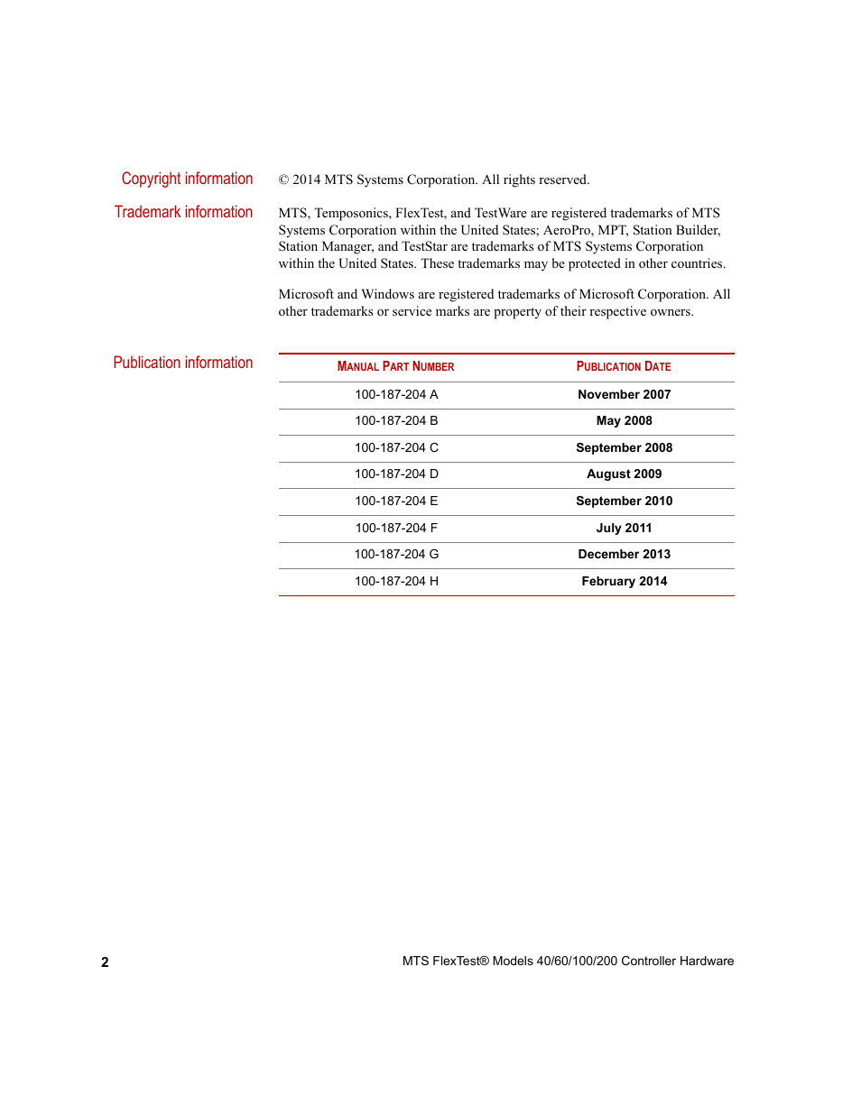 Copyright information, Trademark information, Publication information | MTS FlexTest Models 200 User Manual | Page 2 / 344