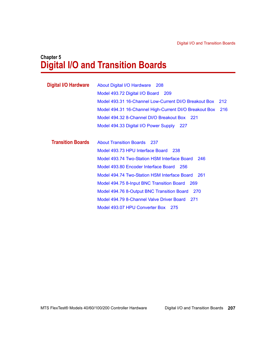 Digital i/o and transition boards, Chapter 5, Digital i/o and transition boards 207 | MTS FlexTest Models 200 User Manual | Page 207 / 344