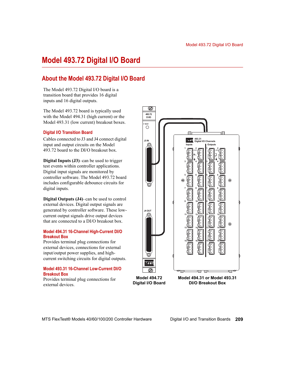 Model 493.72 digital i/o board, About the model 493.72 digital i/o board, Model 493.72 digital i/o board 209 | MTS FlexTest Models 200 User Manual | Page 209 / 344