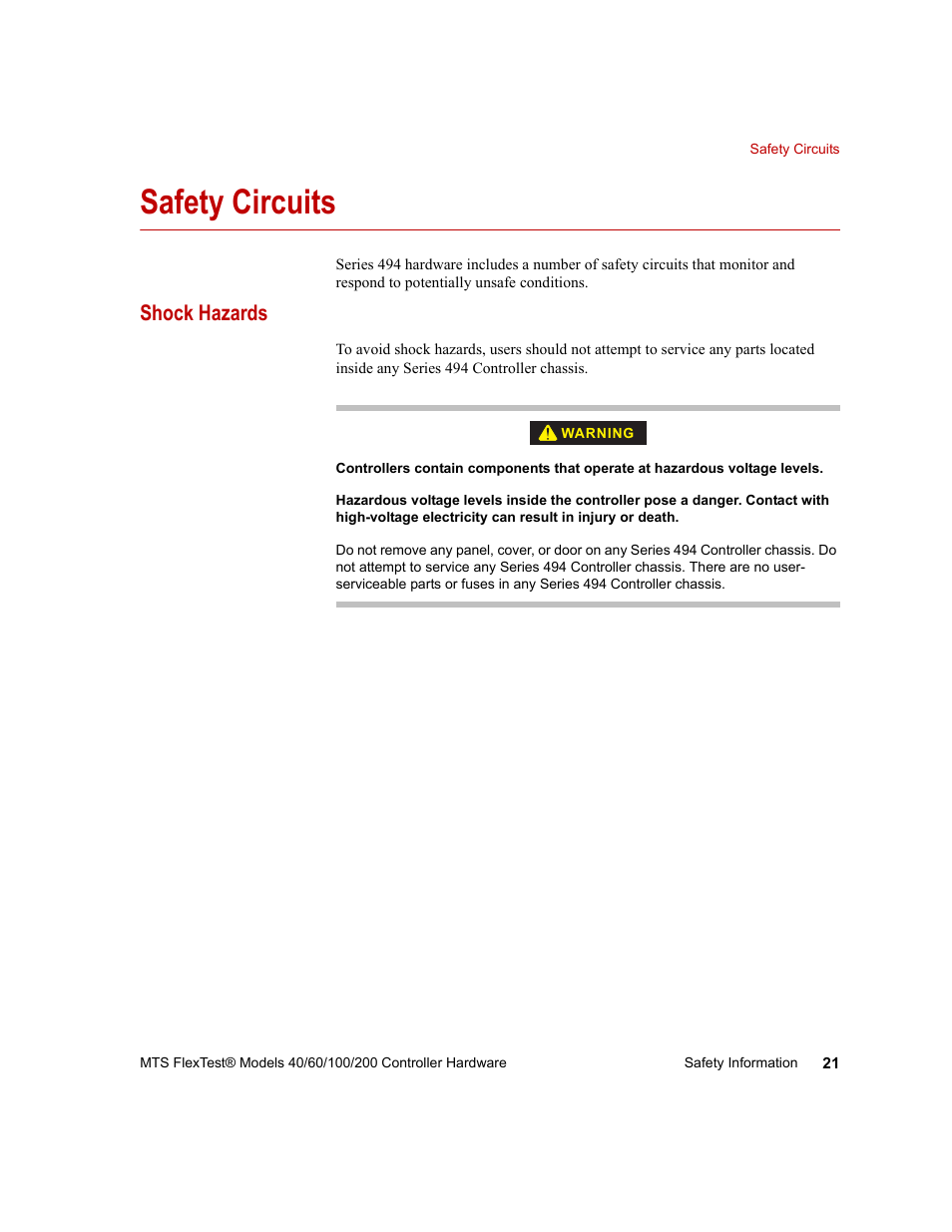 Safety circuits, Shock hazards, Safety circuits 21 | MTS FlexTest Models 200 User Manual | Page 21 / 344