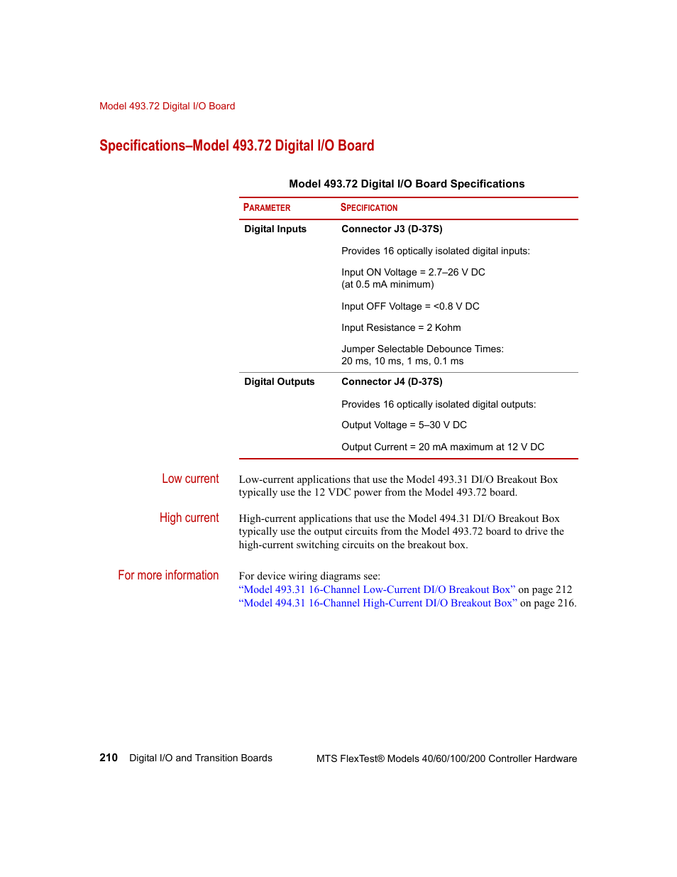 Specifications–model 493.72 digital i/o board | MTS FlexTest Models 200 User Manual | Page 210 / 344