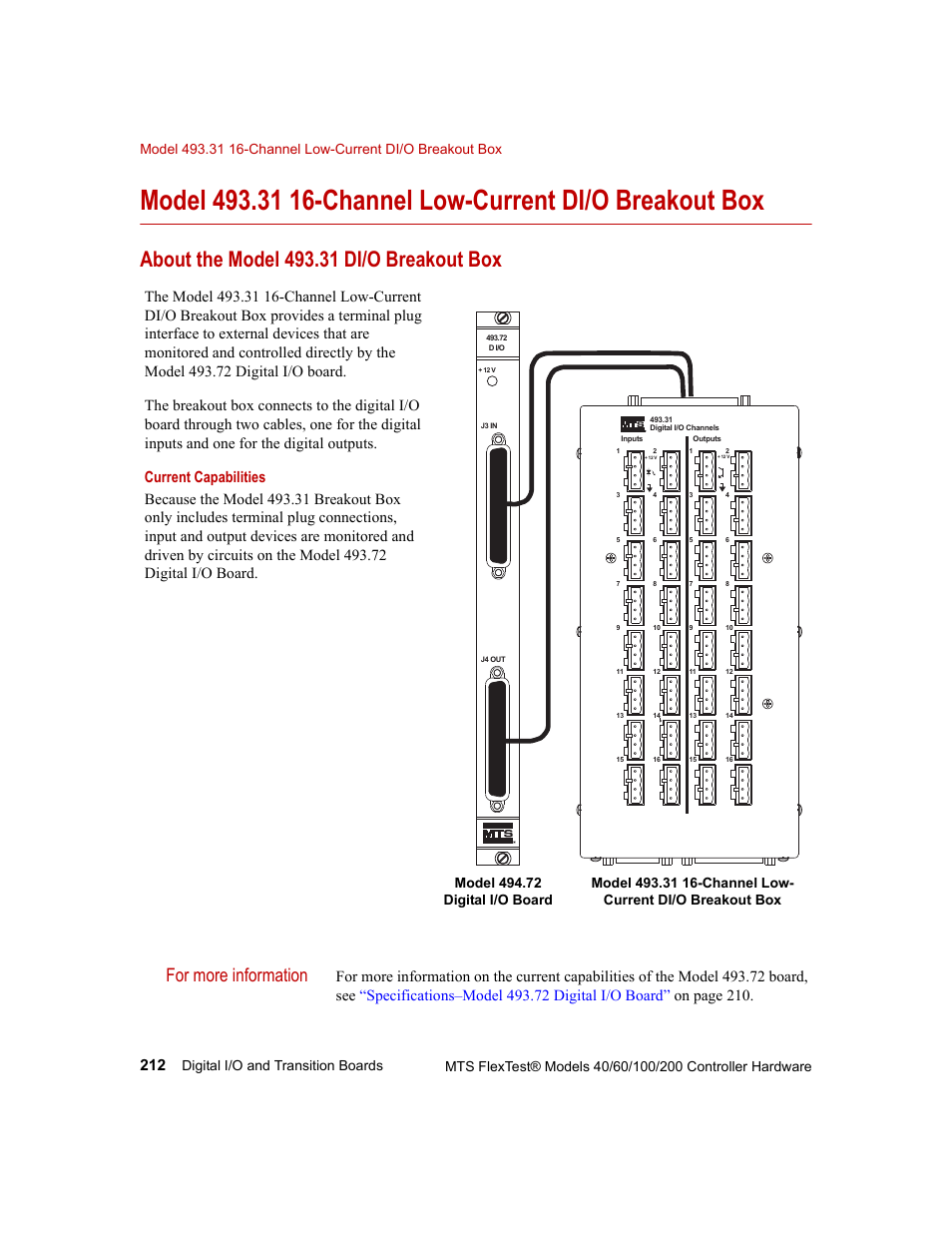 About the model 493.31 di/o breakout box, For more information | MTS FlexTest Models 200 User Manual | Page 212 / 344