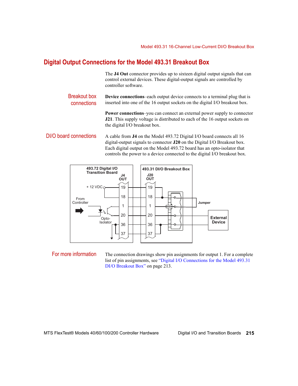 Breakout box connections, Di/o board connections, For more information | MTS FlexTest Models 200 User Manual | Page 215 / 344