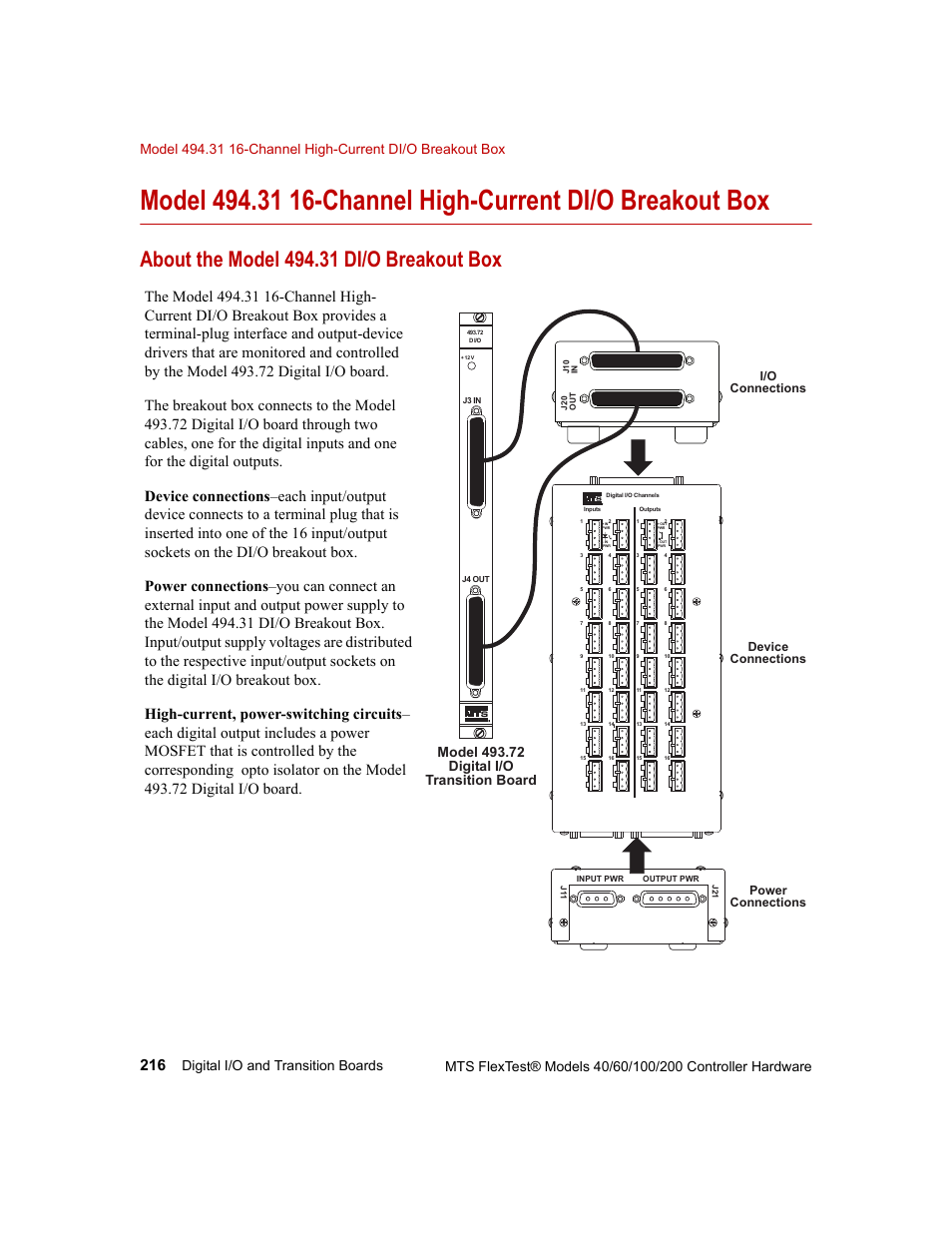 About the model 494.31 di/o breakout box, Power connections, Device connections i/o connections | MTS FlexTest Models 200 User Manual | Page 216 / 344