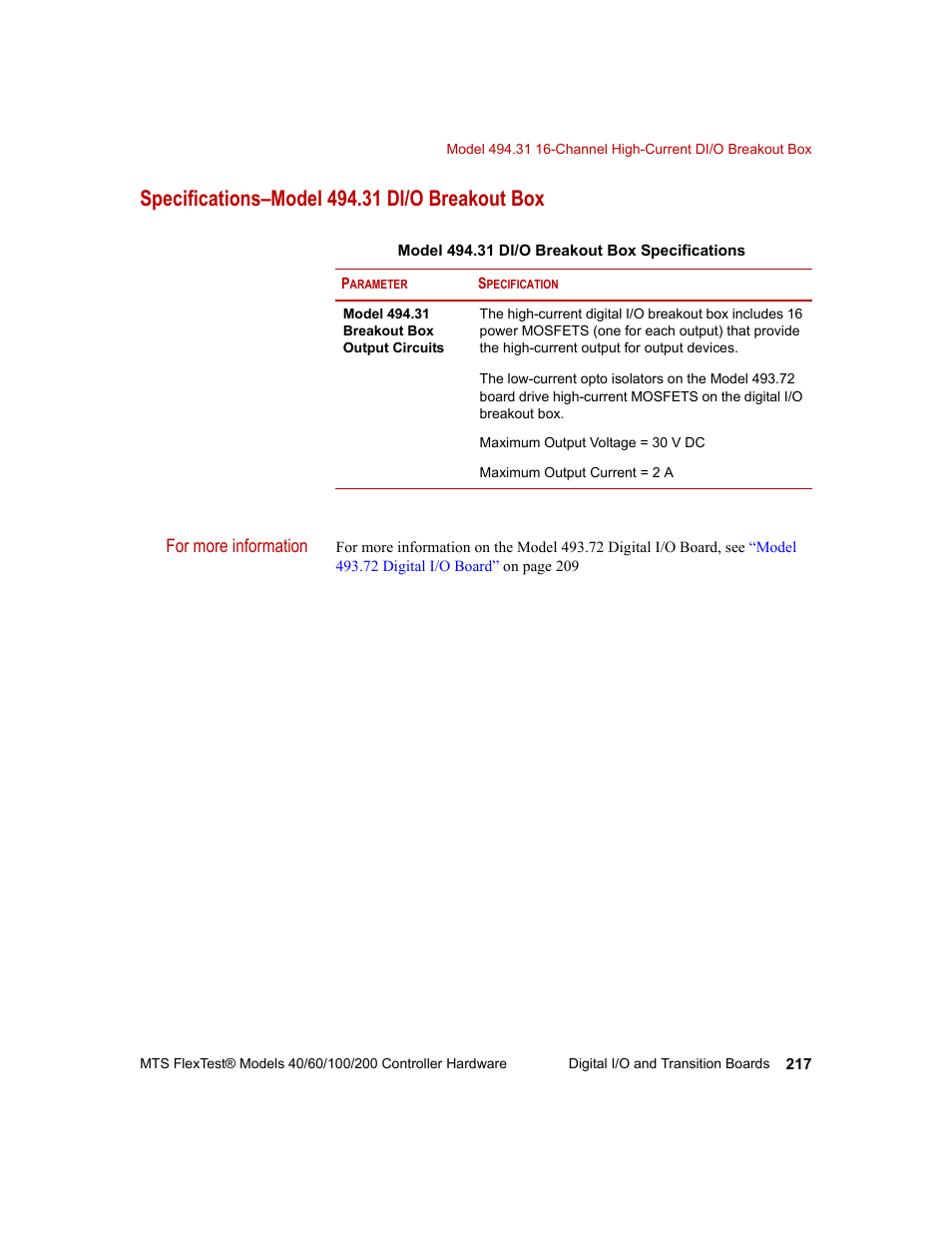 Specifications–model 494.31 di/o breakout box | MTS FlexTest Models 200 User Manual | Page 217 / 344