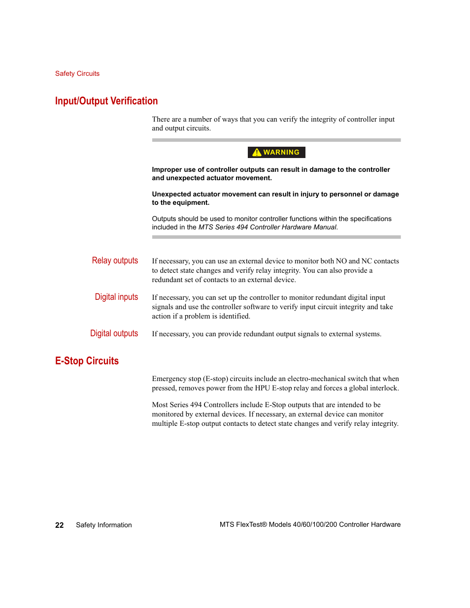 Input/output verification, E-stop circuits, E-stop circuits 22 | MTS FlexTest Models 200 User Manual | Page 22 / 344