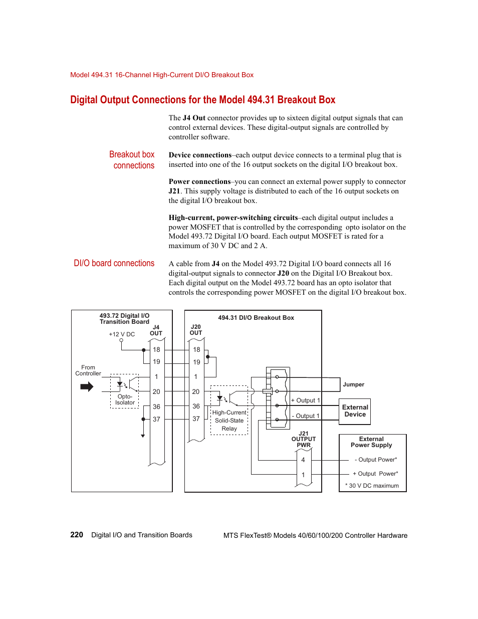 Breakout box connections, Di/o board connections | MTS FlexTest Models 200 User Manual | Page 220 / 344