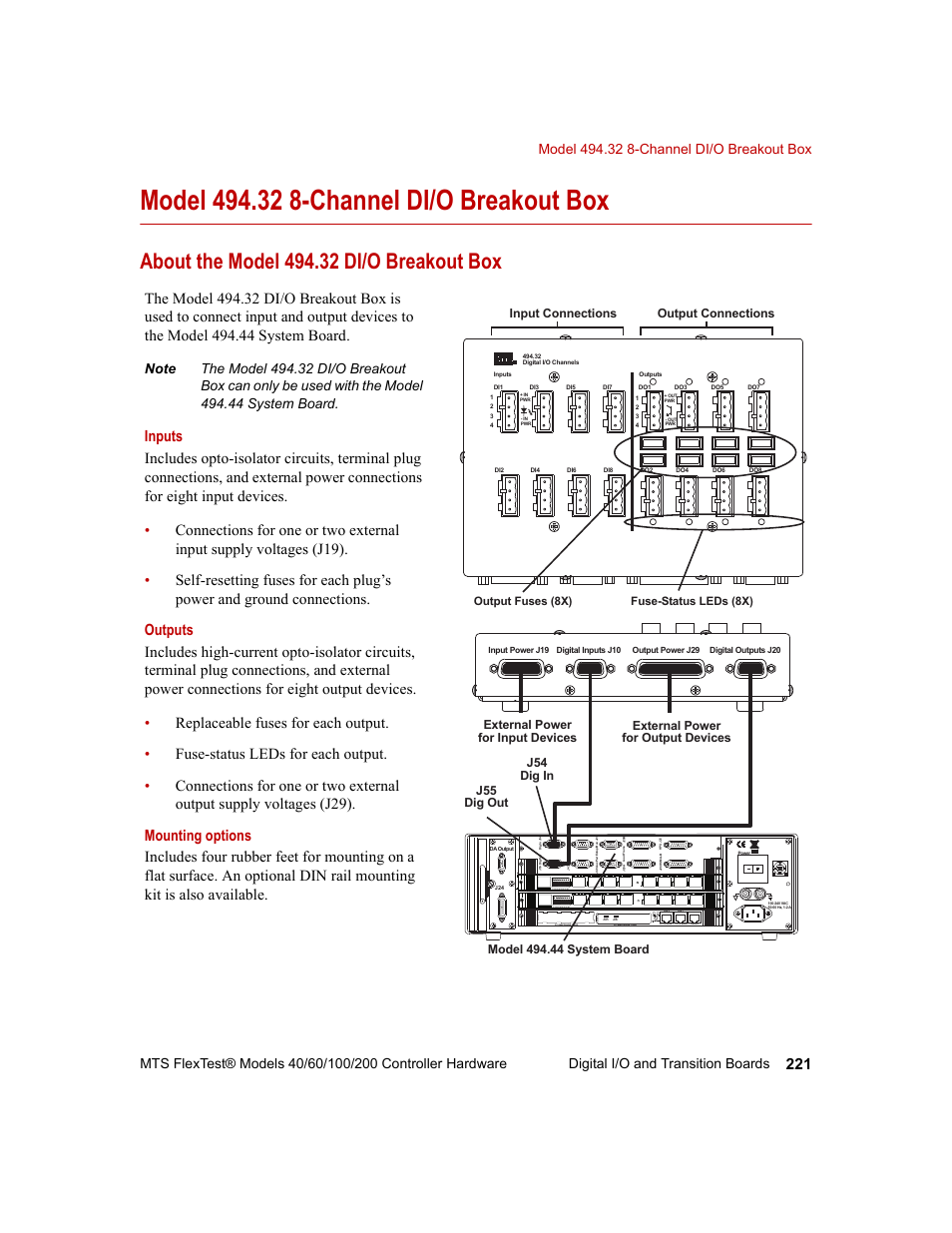 Model 494.32 8-channel di/o breakout box, About the model 494.32 di/o breakout box, Model 494.32 8-channel di/o breakout box 221 | Mot orola, Scsi busy pib busy | MTS FlexTest Models 200 User Manual | Page 221 / 344