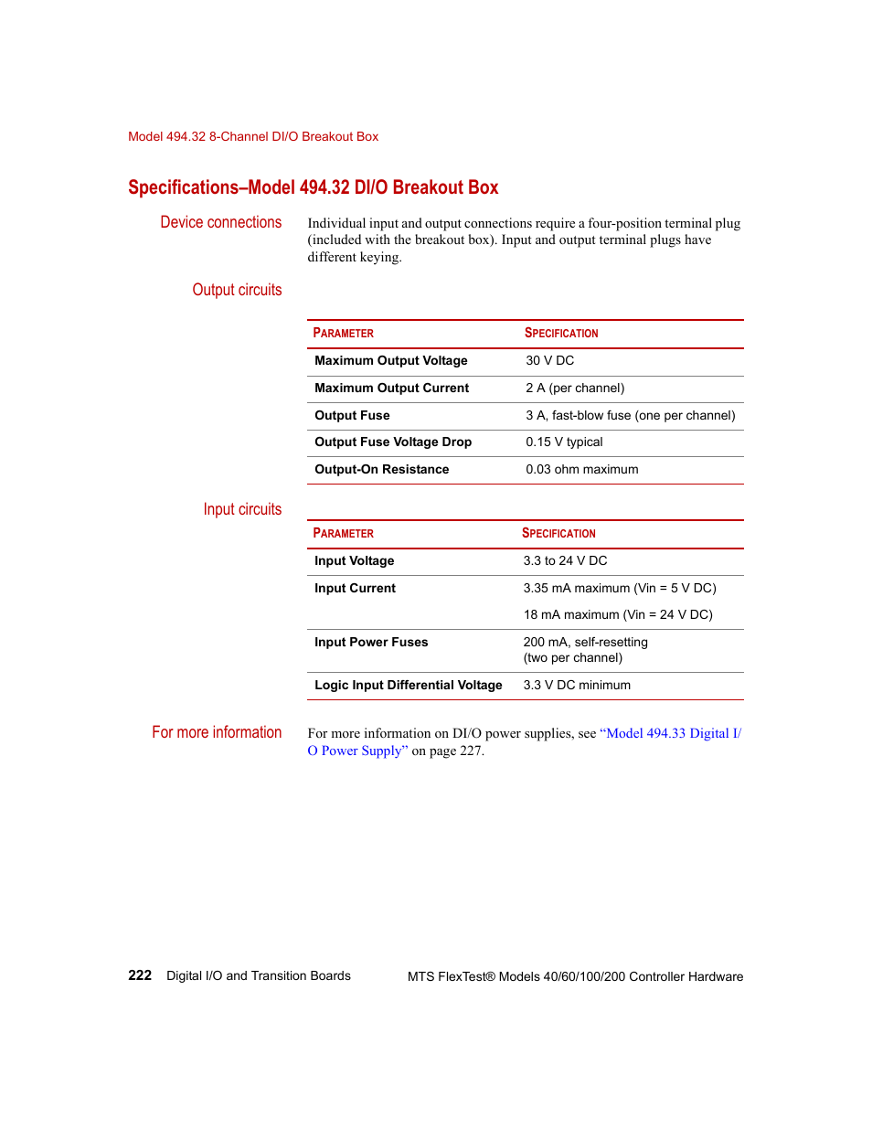 Specifications–model 494.32 di/o breakout box | MTS FlexTest Models 200 User Manual | Page 222 / 344