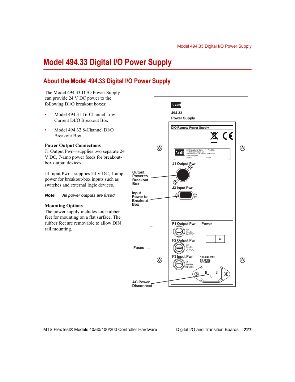 Model 494.33 digital i/o power supply, About the model 494.33 digital i/o power supply, Model 494.33 digital i/o power supply 227 | Es, see, Model 494.33 digital i, O power supply | MTS FlexTest Models 200 User Manual | Page 227 / 344