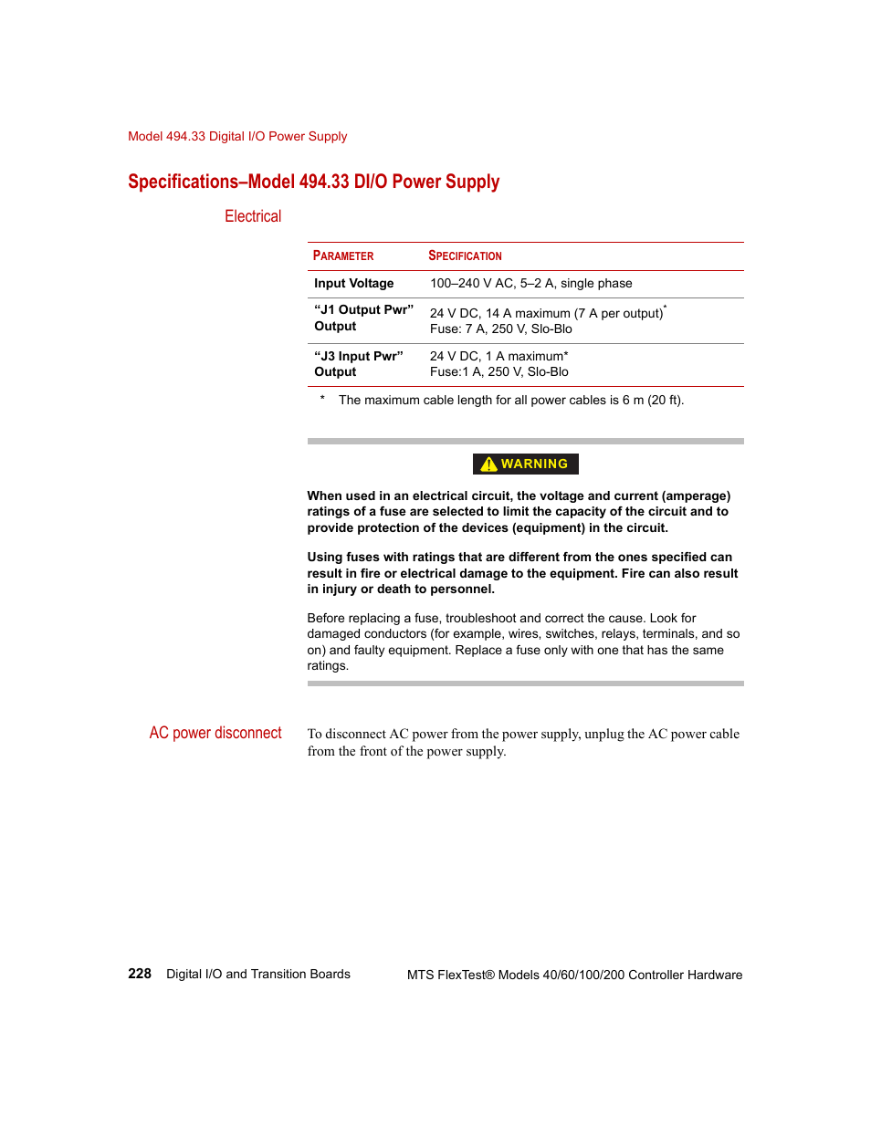 Specifications–model 494.33 di/o power supply, Electrical ac power disconnect | MTS FlexTest Models 200 User Manual | Page 228 / 344